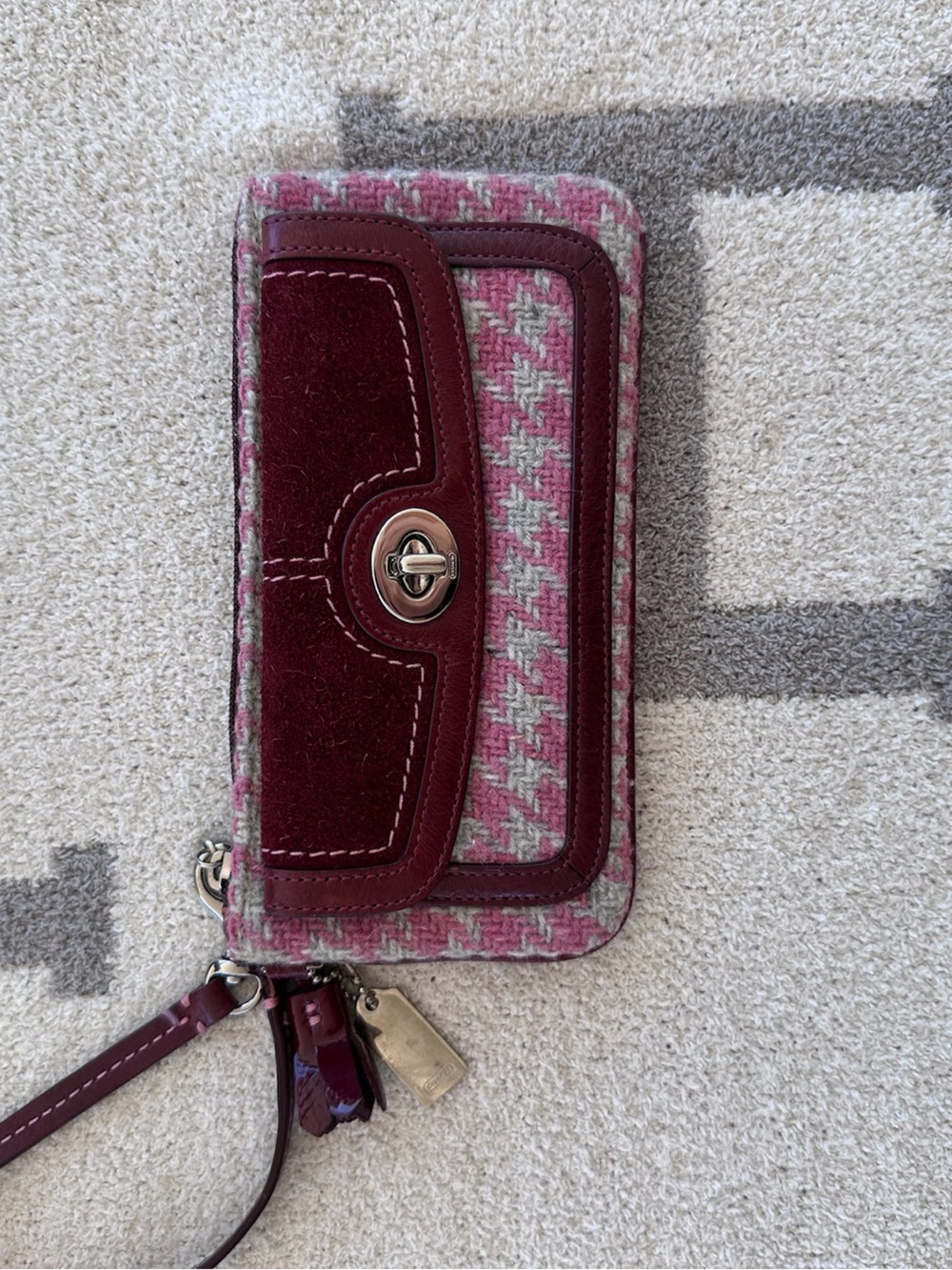 Coach Burgundy and Pink Houndstooth Wristlet with Turnlock